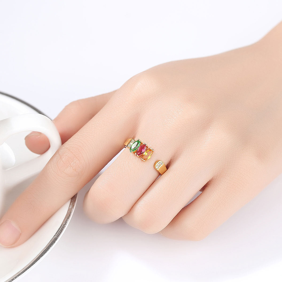 Womens Silver Rings Adjustable Geometric Design With Red Yellow Green Zircon Stones Electroplated Jewelry Gift