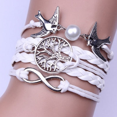 Womens Vintage Braided Bracelet Hand Woven Peace Dove Pearl Life Tree Design Alloy Rope Wristband Jewelry Gift Elegant