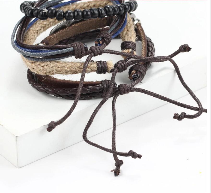 Hand Woven Leather Bracelet Angel Wing Feather Alloy Wood Beads Star Charm Unisex Geometric Style Golden Shine