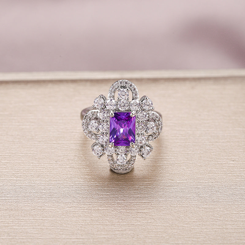 Womens Copper Ring with Color Zirconium Geometric Design Palladium White K Processing Noble Retro Fashion Ring Jewelry Gift For Her