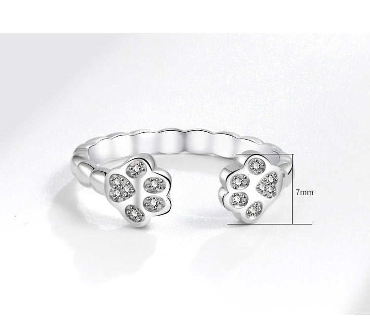 Womens Open Ring Adjustable Cute Animal Footprints Cat Design Copper Electroplated White Gold Fashion Ring Gift