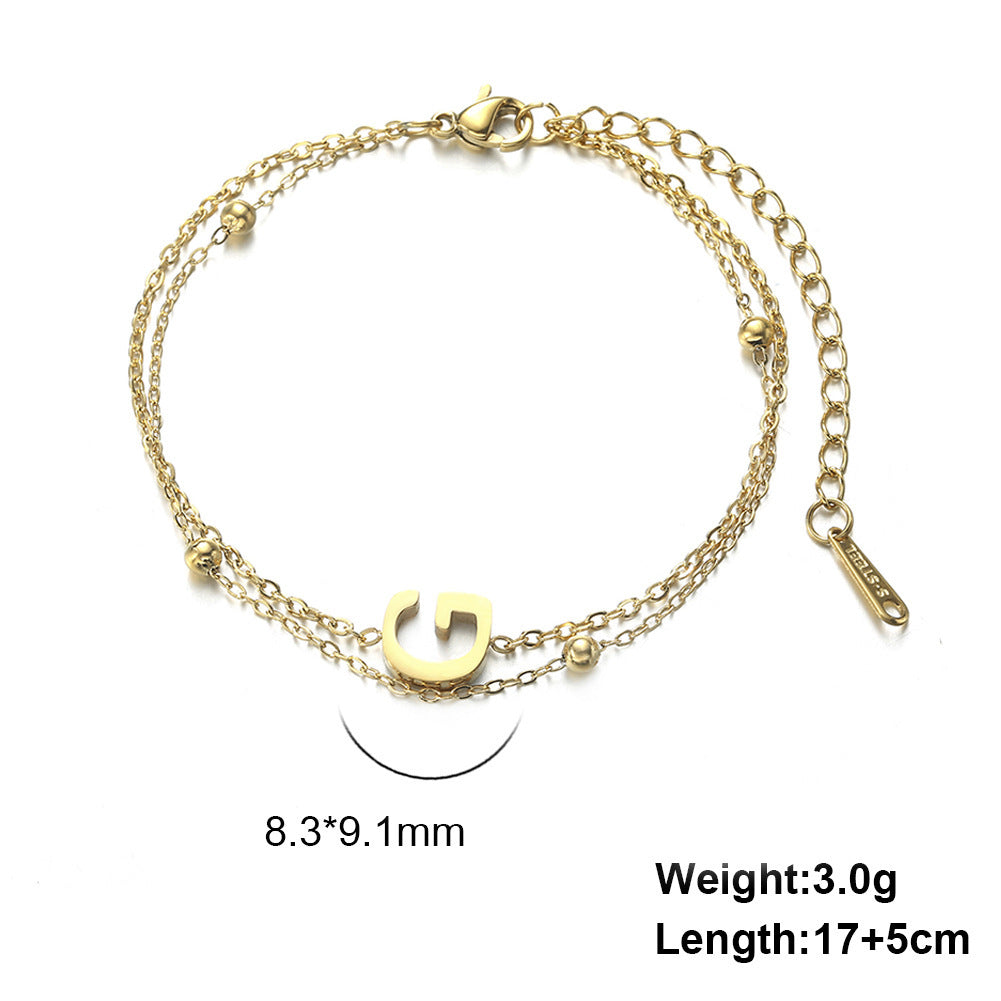 Womens Stainless Steel Double Layer Chain Bracelet With Initial Pendant Electroplated Finish Jewelry Gift Gold
