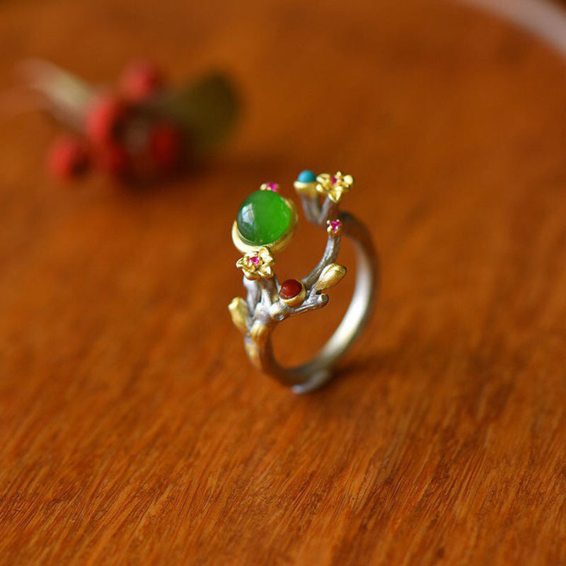 Womens Open Ring Electroplated Green Jasper Copper Adjustable National Fashion Ring Animal Cartoon Retro Laces