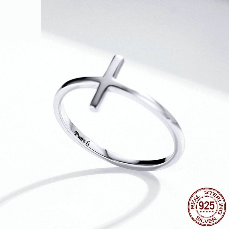 Womens Sterling Silver Cross Ring Platinum Plated Lightweight Everyday Jewelry 925 Silver Religious Gift Everyday Ring
