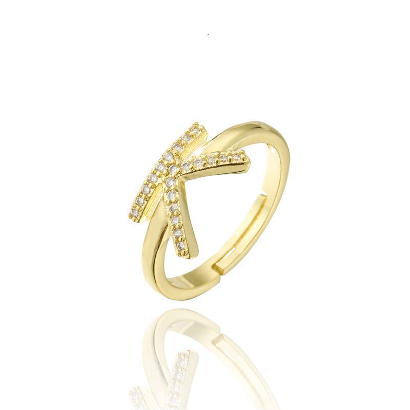 Adjustable Letter Ring Zircon Inlay Copper Jewelry