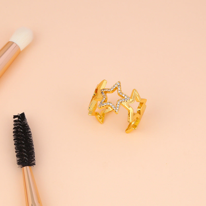 Womens Star Diamond Ring Adjustable Open Gold Plated