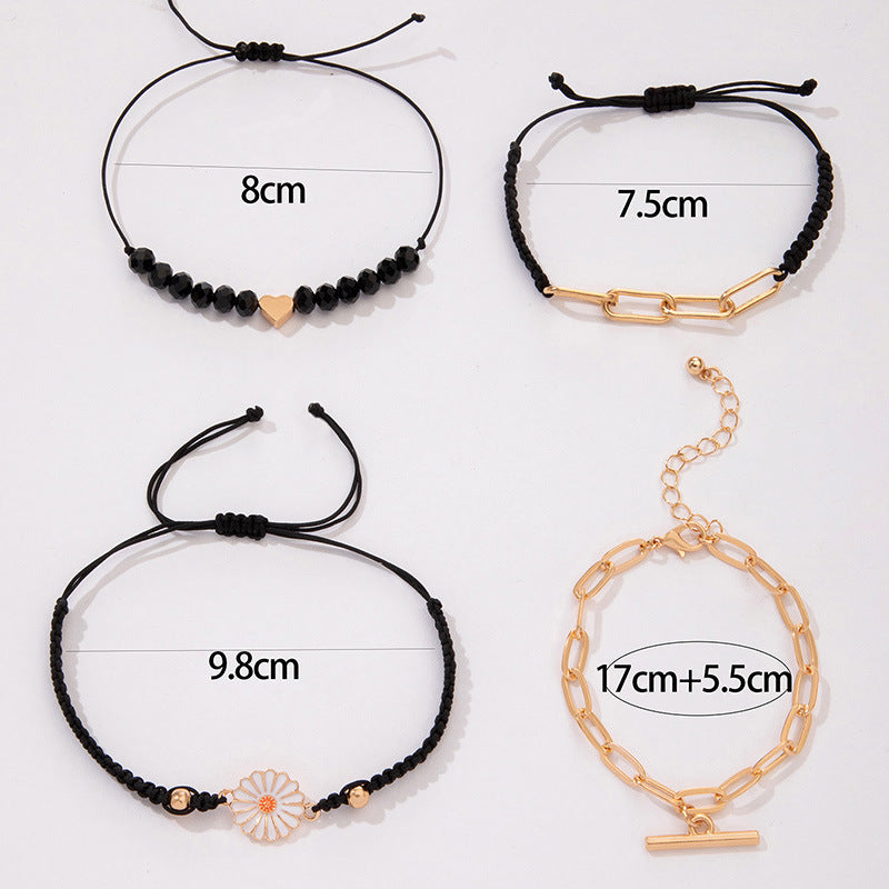 Womens Vintage Alloy Chrysanthemum Bracelet Set Fashion Flower Jewelry With Black Bead Rope 4 Piece Gift Charm