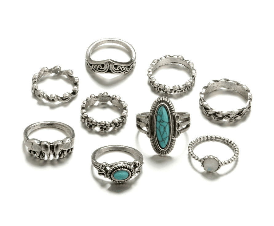 Womens Silver Ring Set With Turquoise Elephant Flower Gem Geometric Retro Ethnic Jewelry Hand Accessories Sets