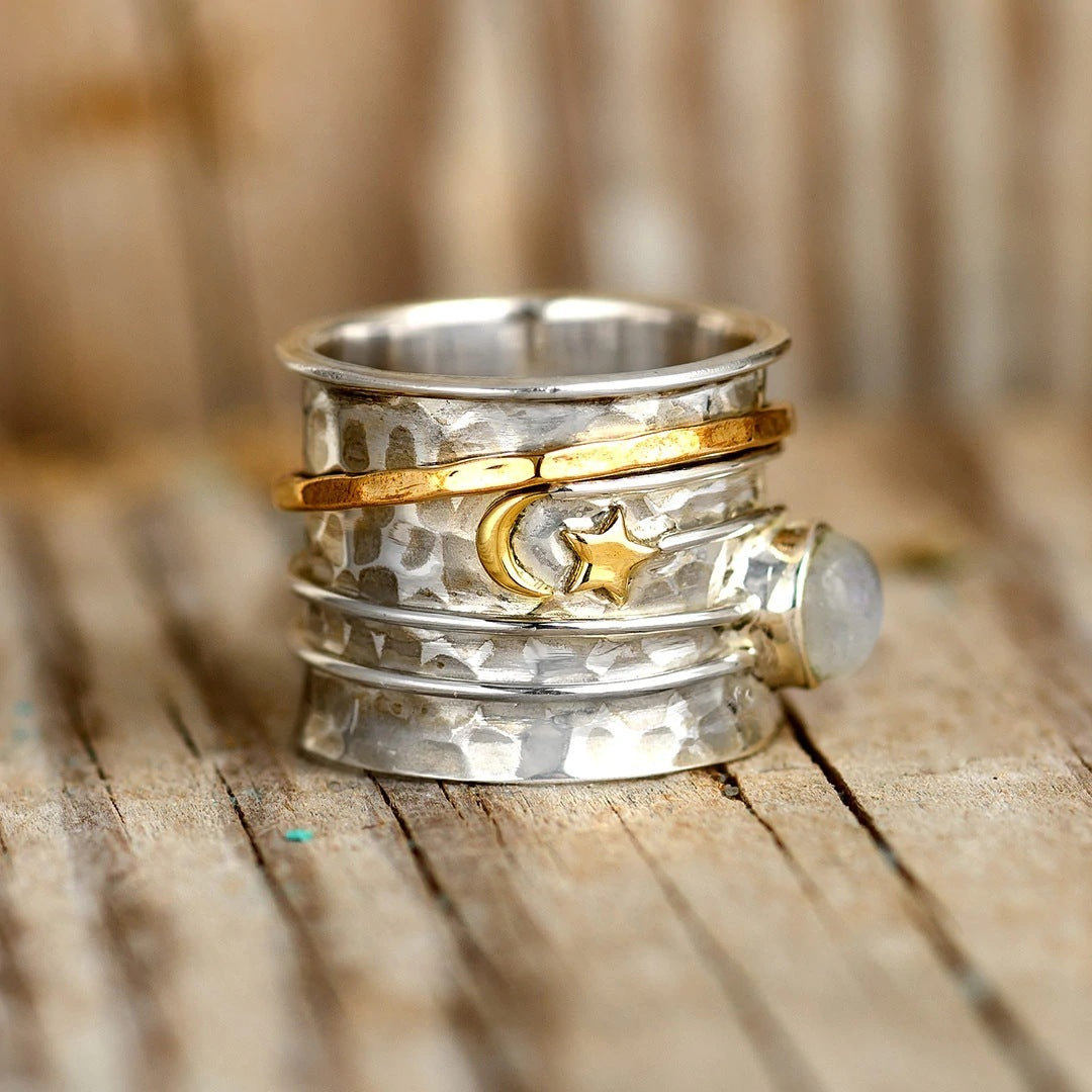 Womens Star Moon Crystal Ring Two Tone Alloy Electroplated Band Inlay Artificial Gemstones Antique Silver Style