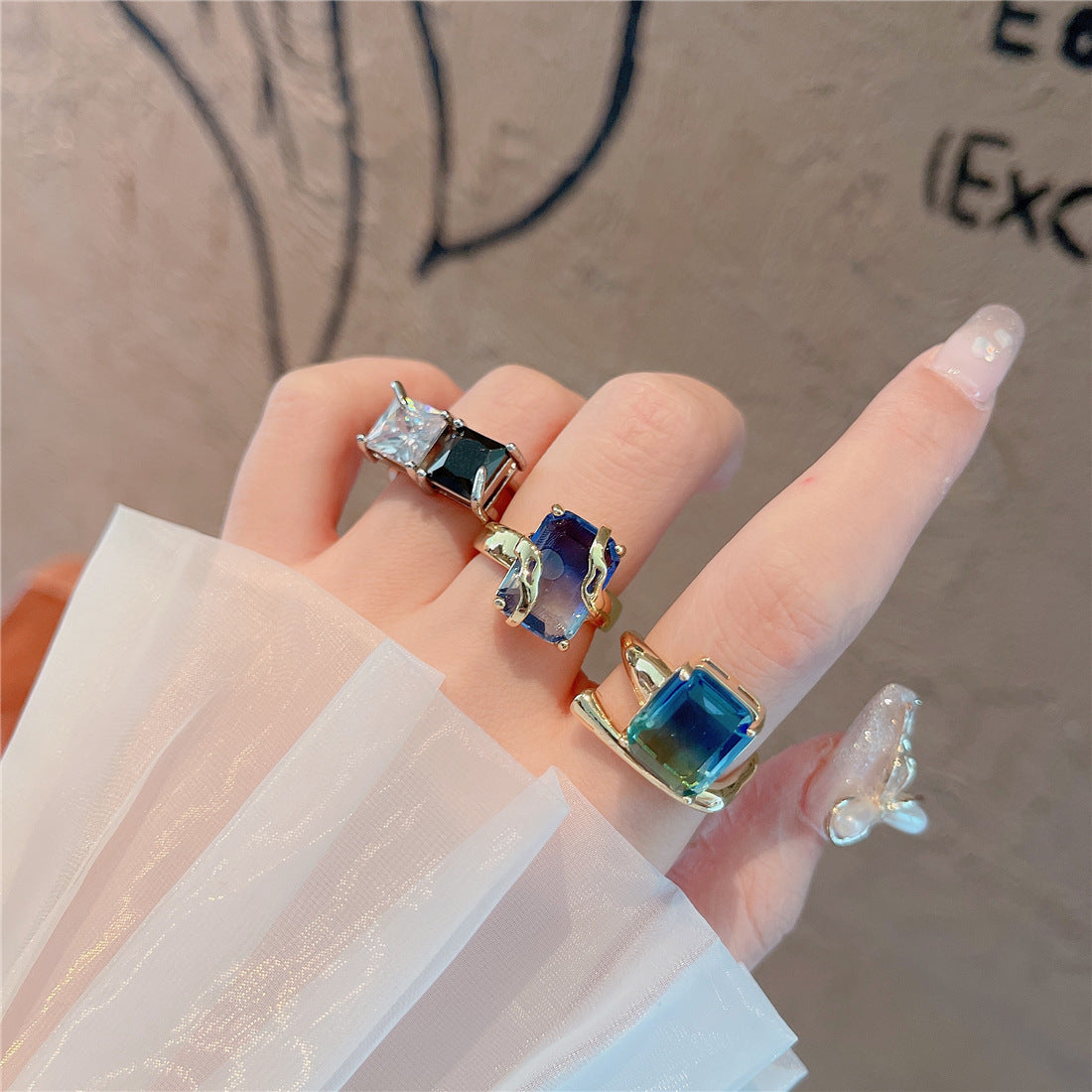 Womens Square Adjustable Glass Ring Mosaic Style For Women