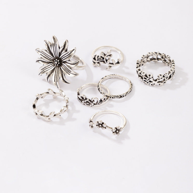 Bohemian Rings Set Geometric Flower Accents Silver Tone