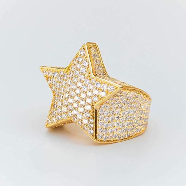 Men's Hip Hop Five Star Ring with Natural Zircon Inlay Gold Tone or Silver Tone Rock Jewelry Statement Ring for Men and Women Available in Multiple Sizes