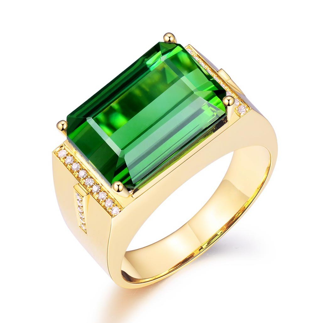 Yellow Gold Inlaid Emerald Baguette Mens Ring Copper Inlay Gold Plated Semi Precious Stones Adjustable Size XL