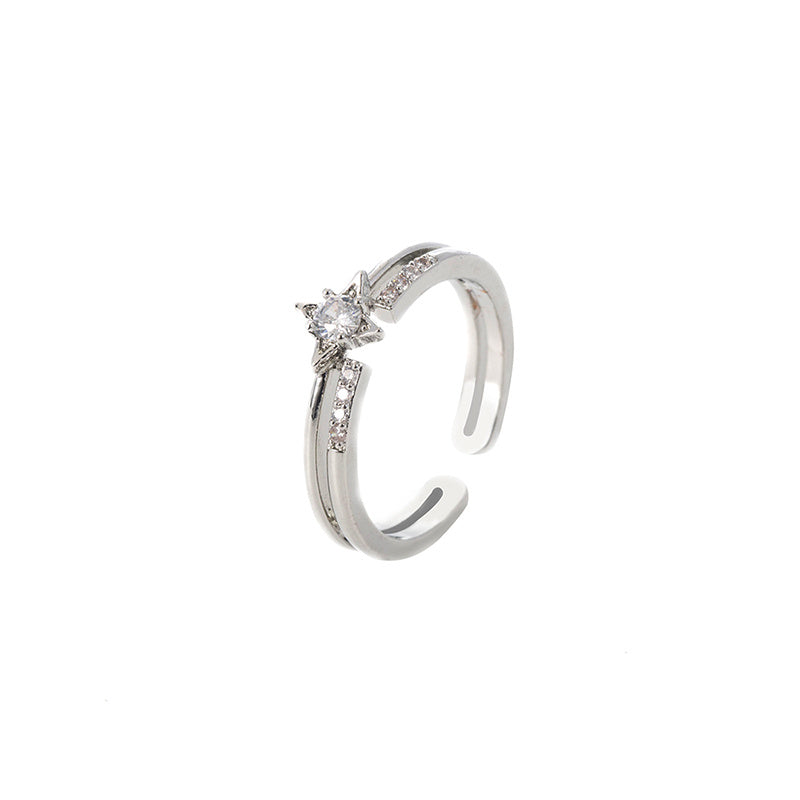 Zircon Sky Star Adjustable Ring Copper Electroplated Celestial Jewelry European American Trendy Statement Piece