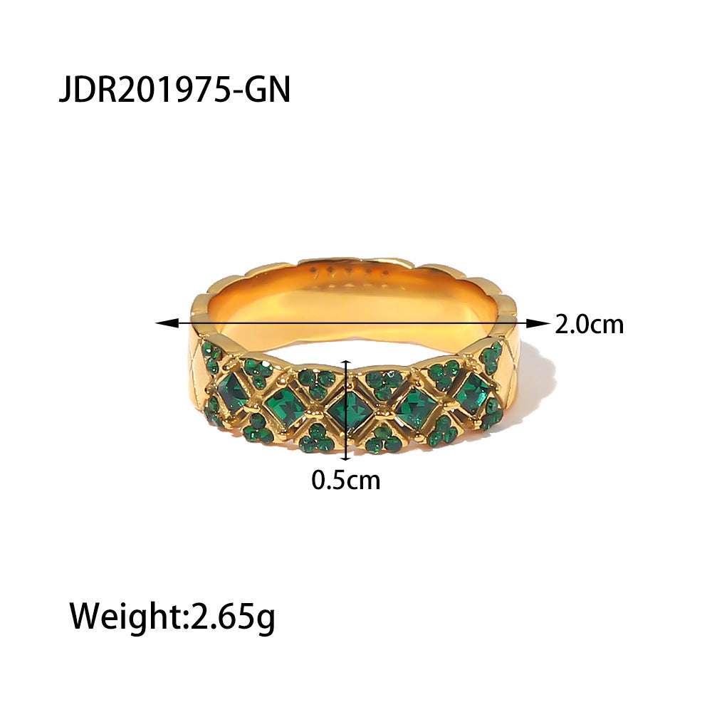 Stainless Steel Geometric Ring With Green Zircon Inlay For Women Elegant Everyday Jewelry Gift Great Gift Idea