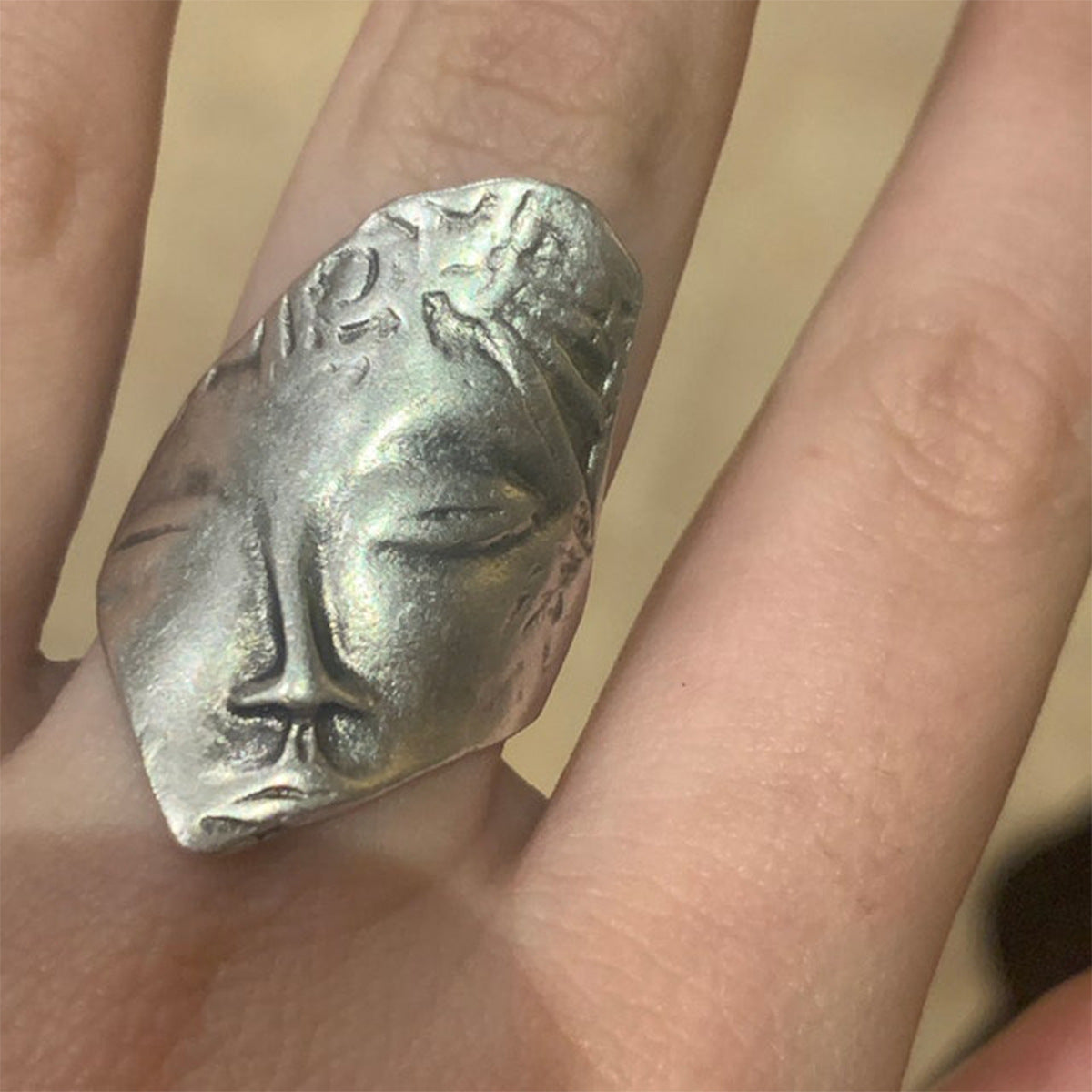 Women Open Ring Adjustable Silver Ring Abstract Face Ring Vintage Alloy Ring Fashion Jewelry European American
