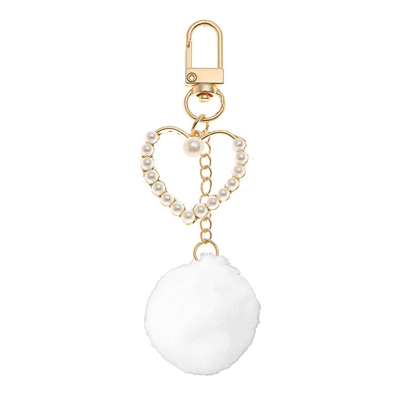 Womens Plush Ball Keychain With Pearls And Heart Charms Gold Tone Trendy Pompom Bag Charm Accessory Gift Ready