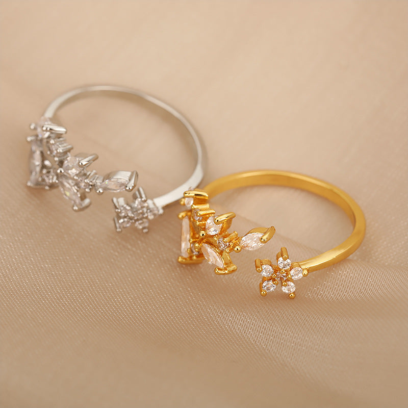 Adjustable Stainless Steel Ring Gold Flower Branch Leaf Design Elegant Durable Jewelry For Everyday Wear And Occasions