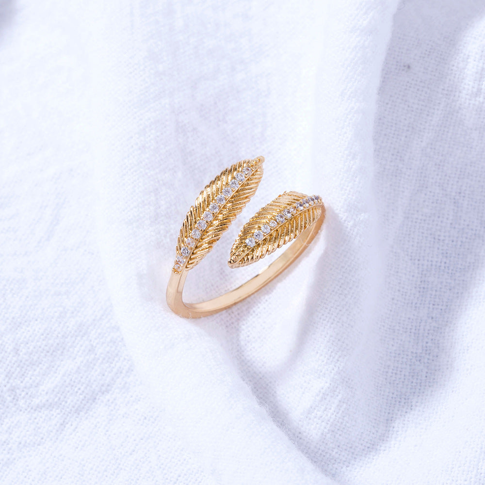 Adjustable Copper Zircon Leaf Ring With Feather Detailing