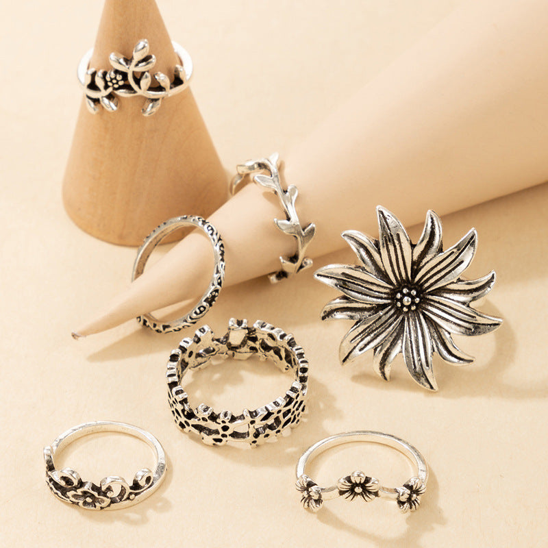Bohemian Rings Set Geometric Flower Accents Silver Tone