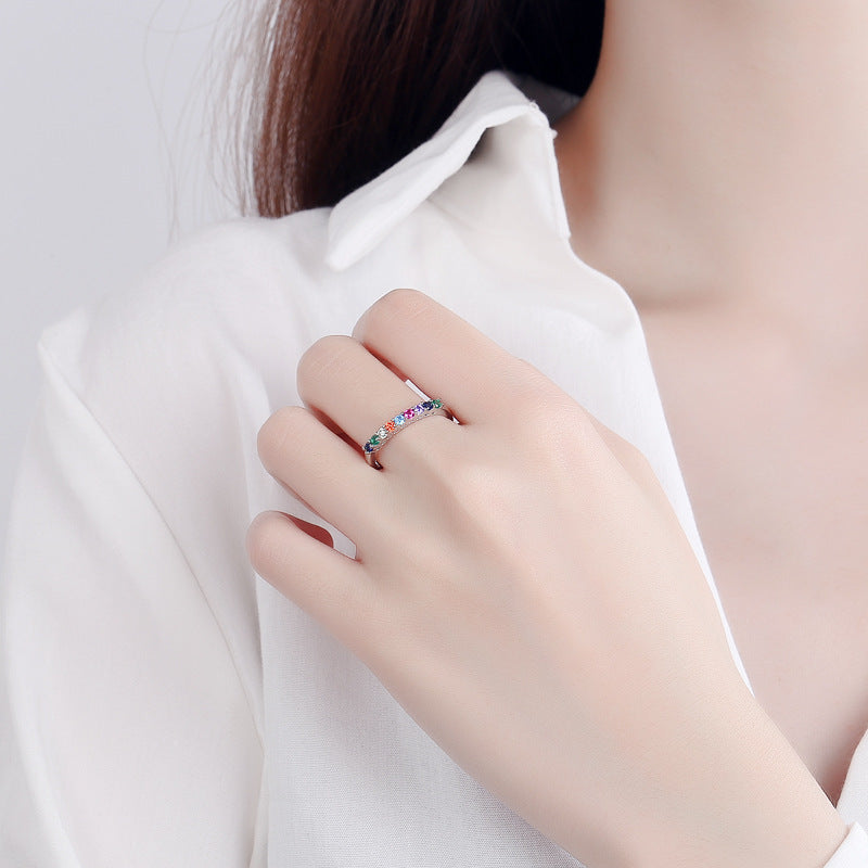 Sterling Silver Ring Inlaid With Colorful Zircon Stones For Women Fashion Jewelry Geometric Ring Travel Design