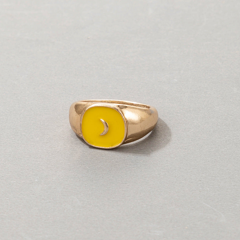 Bohemian Cartoon Ring Dripping Oil Alloy Heart Shaped Ring With Floral Daisy Or And Rainbow Elements For Women