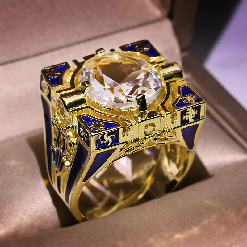 Enamel Striped Blue Ring Unisex Brass Alloy Inlay Gemstone Jewelry Geometric Design Modern Fashion Accessory Style