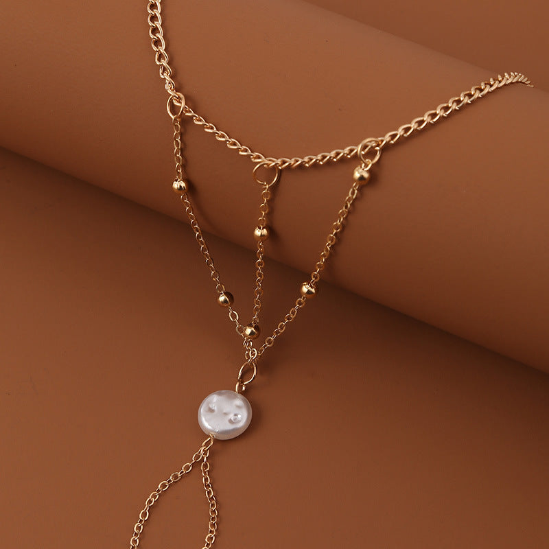 Fashion Pearl Multilayer Bracelet Exaggerated Finger Chain Geometric Jewelry Electroplated Alloy Silver Fashion