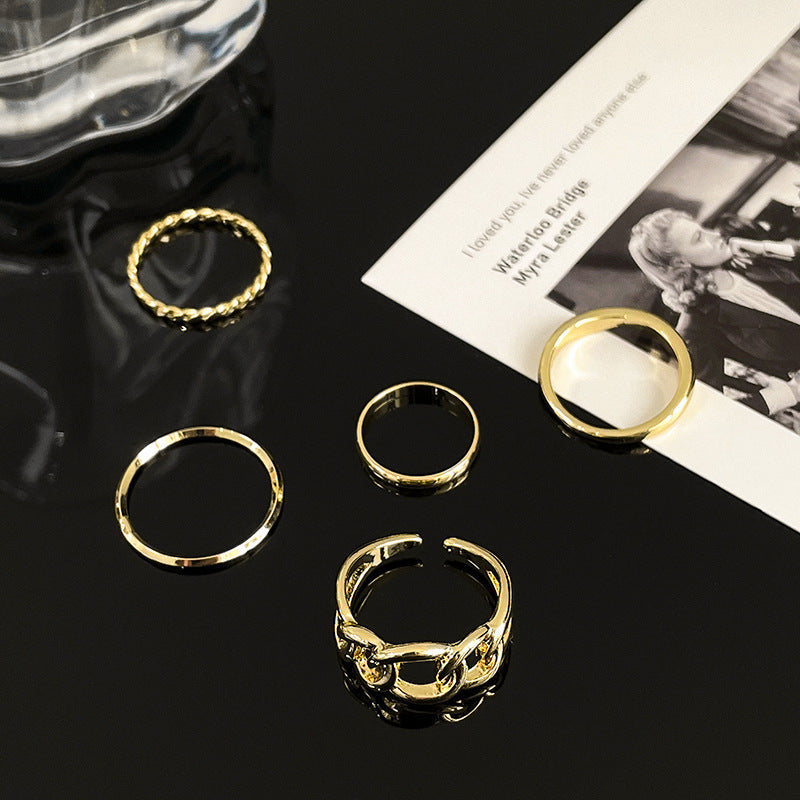 Womens Five Piece Ring Set Hollow Chain Geometric Copper Rings Korean Fashion Jewelry Stackable Statement Ring