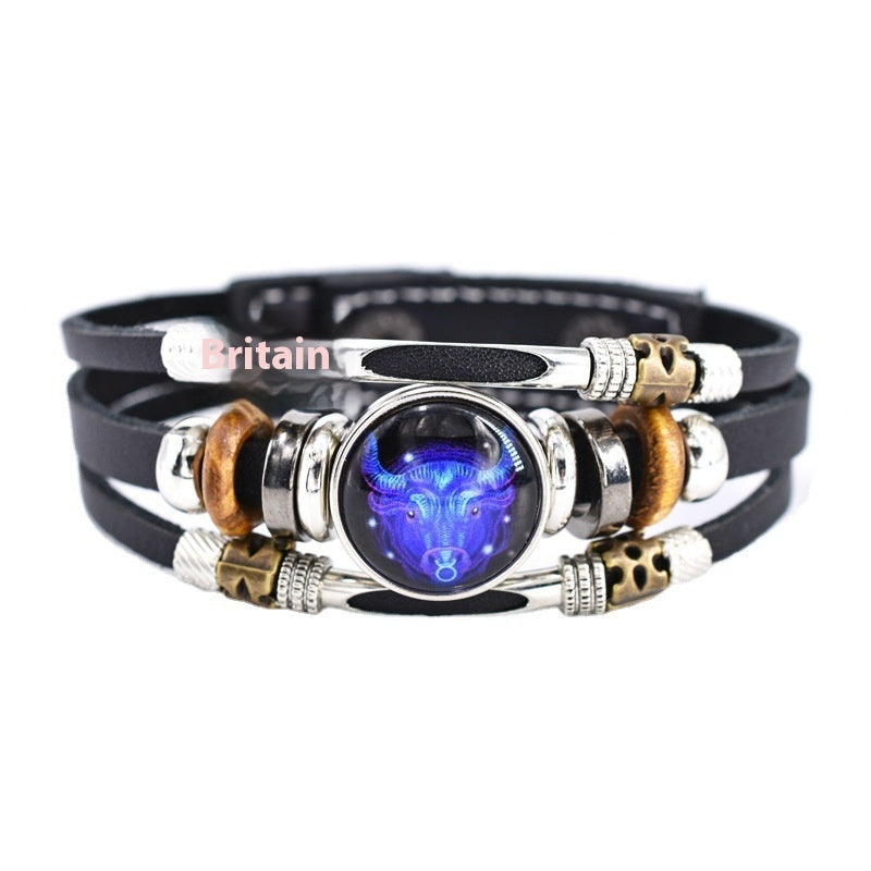 Woven Leather Bracelet With Three Layer Beads And Metal Accents Retro Ethnic Patterned Distressed Constellation