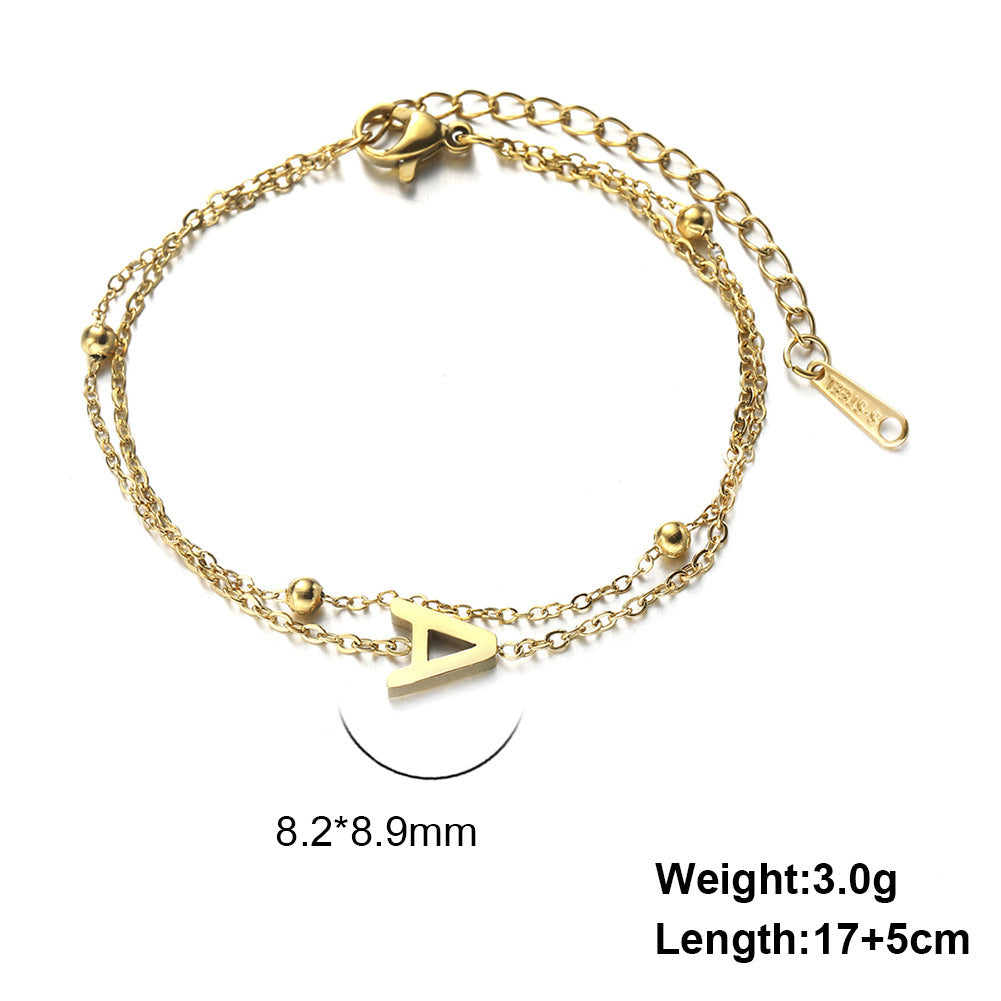 Womens Stainless Steel Double Layer Chain Bracelet With Initial Pendant Electroplated Finish Jewelry Gift Gold