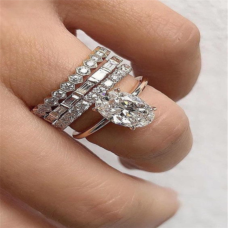 Crystal Ring Set For Women Geometric Inlay Zinc Alloy Jewelry With Artificial Gems Fashionable Statement Accessory