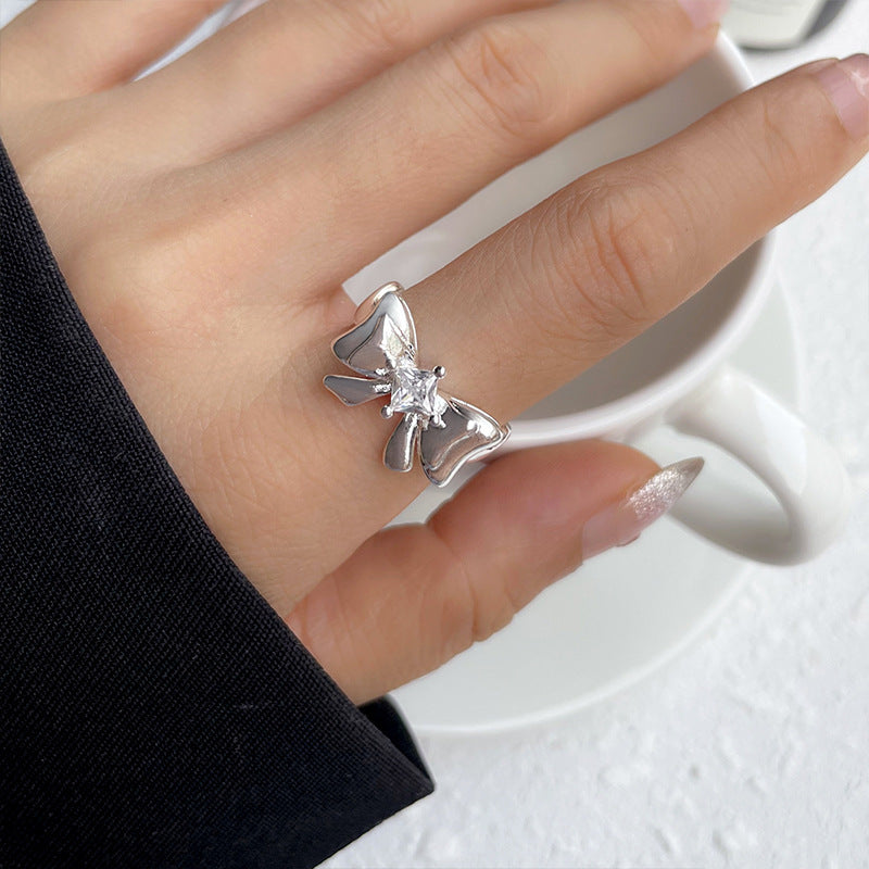 Girls Bow Ring 925 Sterling Silver Zircon Inlaid Adjustable Open Ring Gift For Birthday Everyday Jewelry For Girls