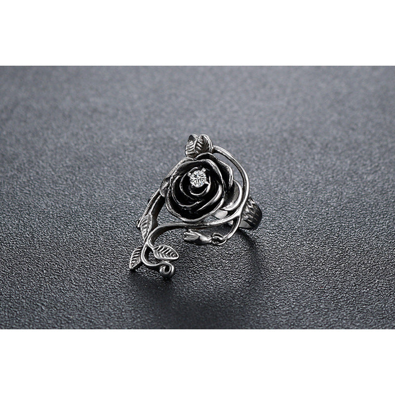 Black Rose Stainless Steel Band Ring With White Diamonds