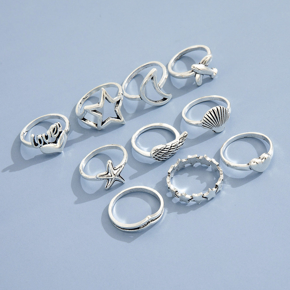 Womens Ring Set Retro Love Star Moon Plane Starfish Shell Designs Alloy Jewelry For Women Fashionable European Style