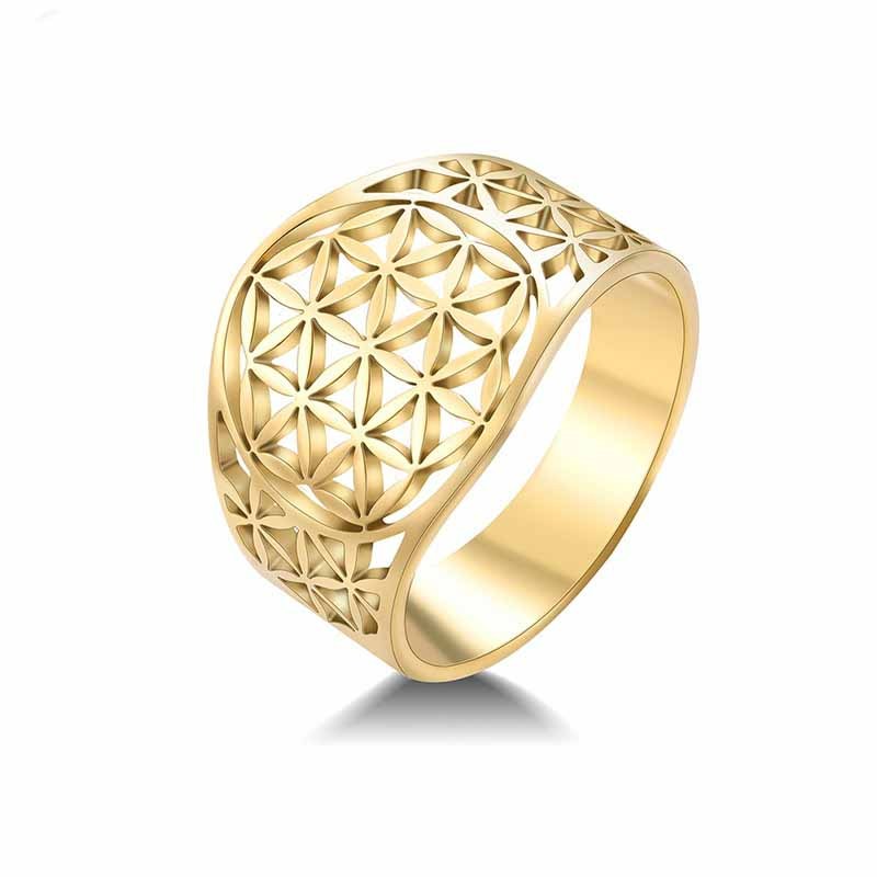 Stainless Steel Ring Flower of Life Design Durable Elegant Band Everyday Wear Jewelry Gift Women Men Hypoallergenic