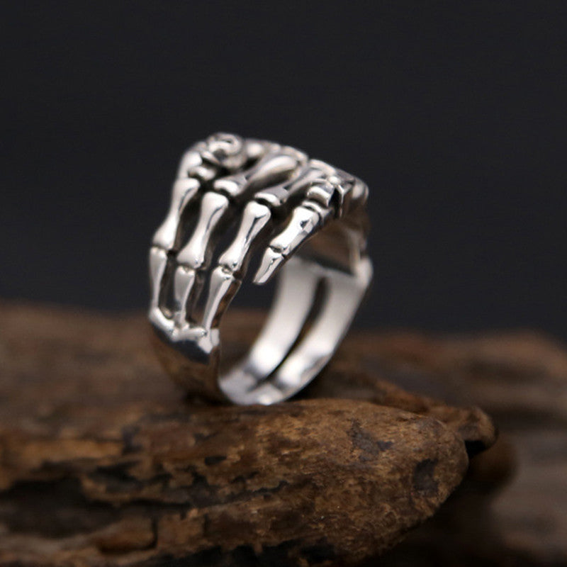 Silver Skull And Crossbones Ring Vintage Thai Design Geometric Ghost Claw Band For Men Jewelry For Everyday Style