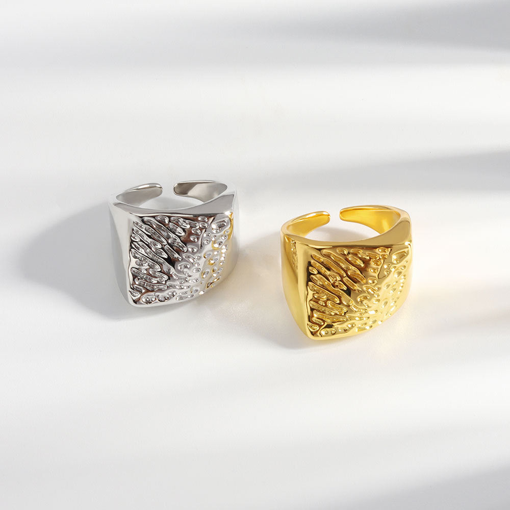 Womens Adjustable Copper Ring With Irregular Texture Geometric Design Ring Trendy Unique Electroplated White Gold