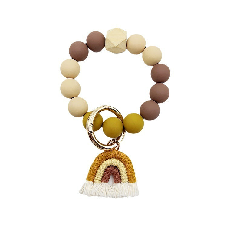 Beaded Bracelet Keychain Handmade Acrylic With Rainbow Tassel And Candy Color Beads European Style Fashionable