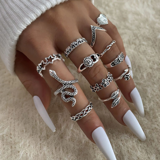 12 Piece Vintage Alloy Ring Set With Star Moon Sun Face Designs Electroplated Fashion Jewelry Collection Style