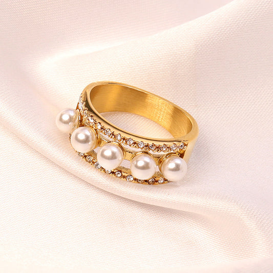 Womens Stainless Steel Ring With Pearl And Diamond Geometric Gold Ring For Her Gift Lovely Accessory For Women