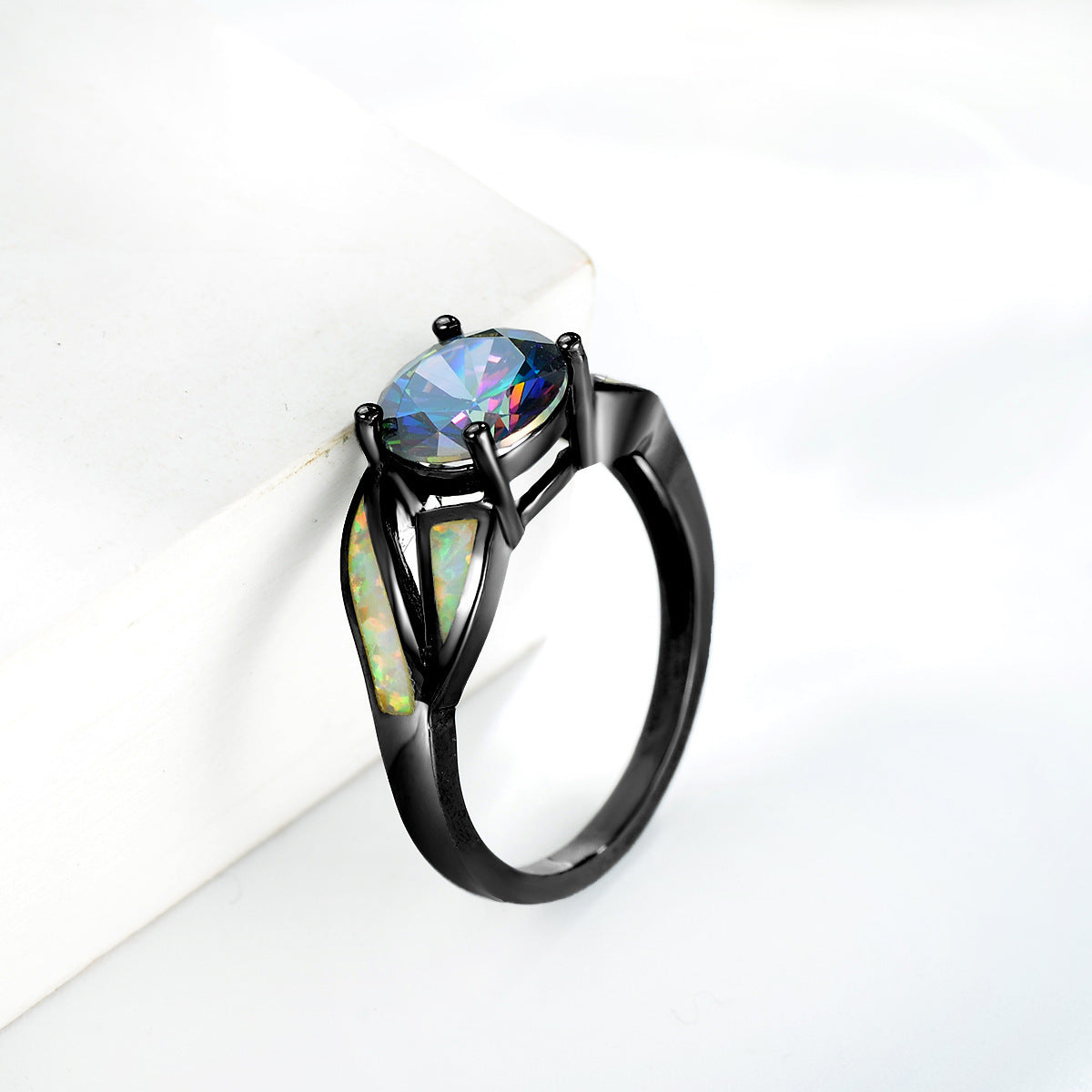 Womens Brass Ring With Black Diamante Stone Fashion Accessory Lightweight Design Elegant Band Ring 8mm And 7mm