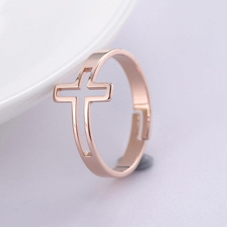 Womens Vintage Adjustable Titanium Steel Rose Gold Ring Polished Round Cross Ring Non Inlaid Fashion Accessory