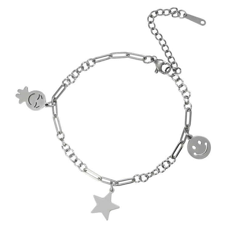 Unisex Titanium Steel Bracelet Rhinestone Smiley Face Victory Gesture Zodiac Design Chain Nineteen Centimeter Chain