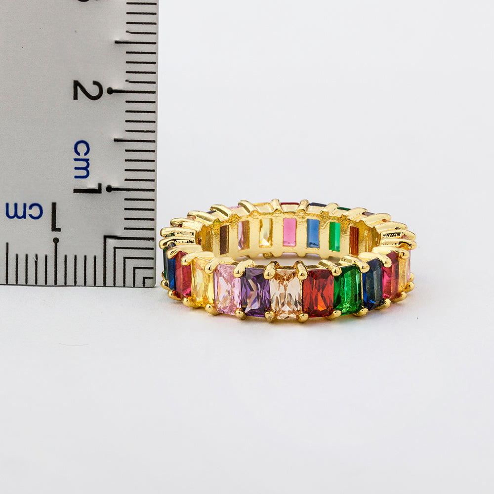 Gold Plated Copper Rings Rainbow Cubic Zirconia Dainty Elegant Women Fashion Jewelry Sparkle For Everyday Wear