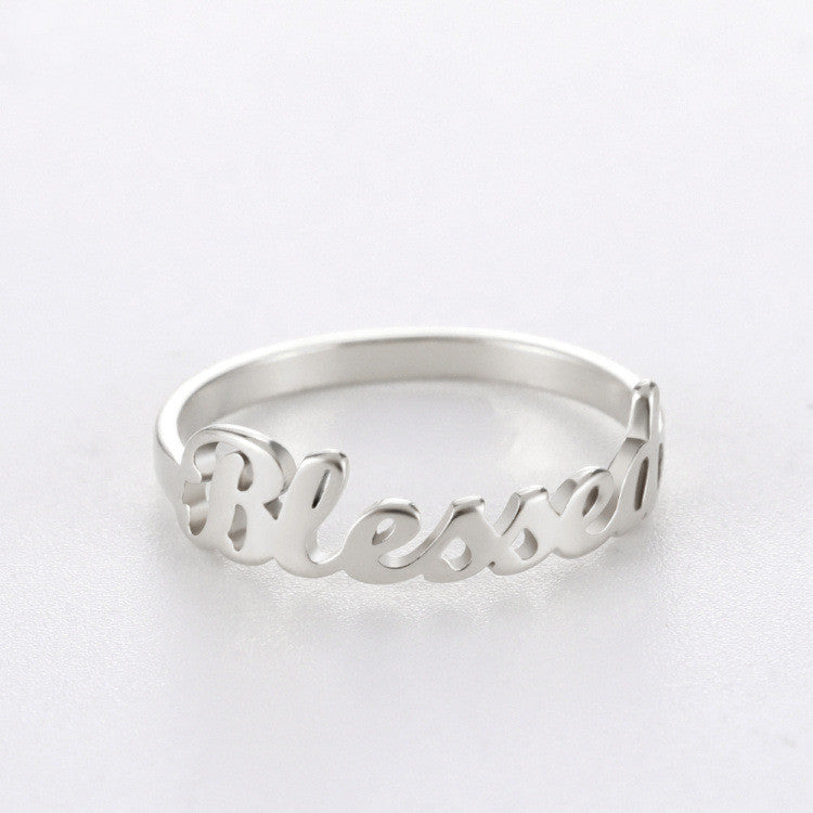 Womens Stainless Steel Letter Ring Blessed Jewelry Gifts White Gold Rose Gold Birthday Holiday Present For Her