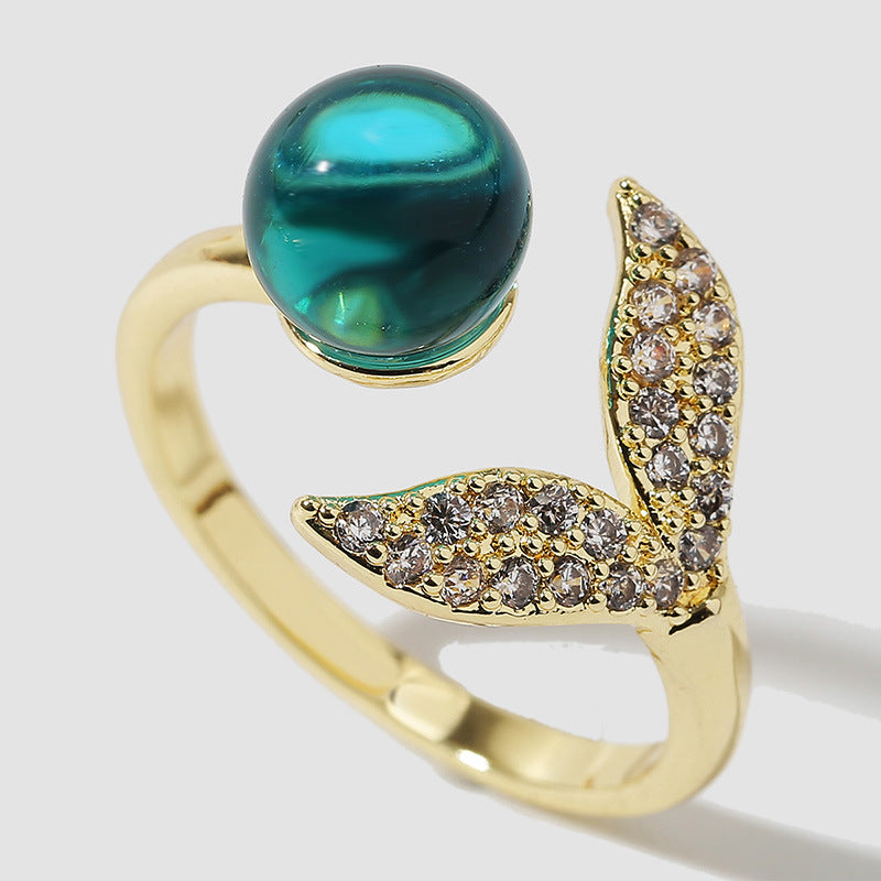 Adjustable Mermaid Tail Ring With Ocean Beads Inlay Copper Gold Alloy Semi Precious Stone Jewelry For Everyday
