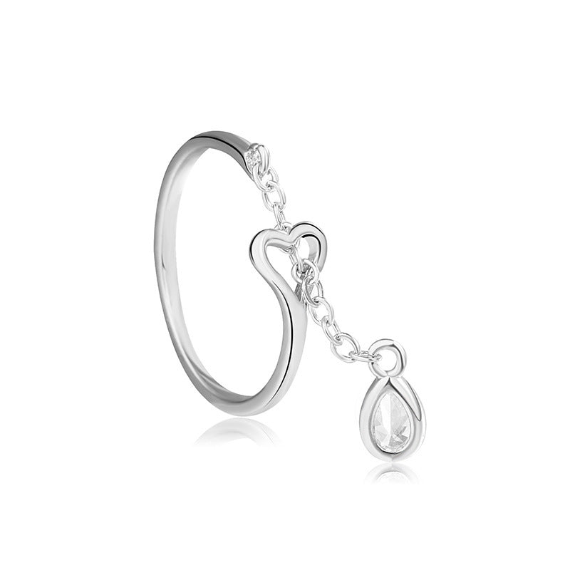 Adjustable Copper Ring with Zircon in White Gold Water Ring Design Open Diameter 16MM Chain Length 17MM Finish