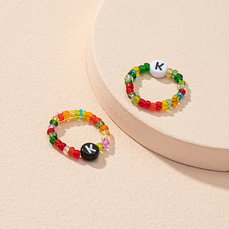 Beaded Letter Initial Ring For Ladies And Men Resin Alphabet Trendy Korean Geometric Ethnic Retro Jewelry Gift