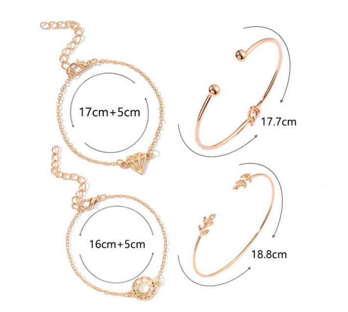 Womens Rhinestone Bracelet Set Four Piece Knotted Alloy Electroplated Diamond Bangle Individually Packed Style